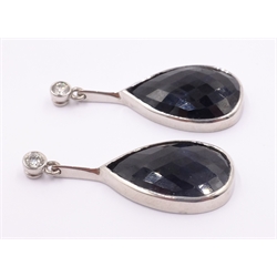  Pair of white gold natural unheated cabochon sapphire and round brilliant cut diamond pendant ear-rings hallmarked 18ct sapphires approx 21.7 carat diamonds approx 0.2 carat  