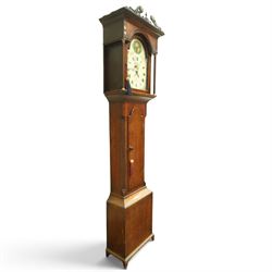 Thomas Small of Guisborough - George III oak eight-day longcase clock, the painted arched dial with calendar aperture, bird and floral decoration, the case with pierced fretwork broken swan-neck pediment and pilasters, reeded canted sides flanking arched trunk door