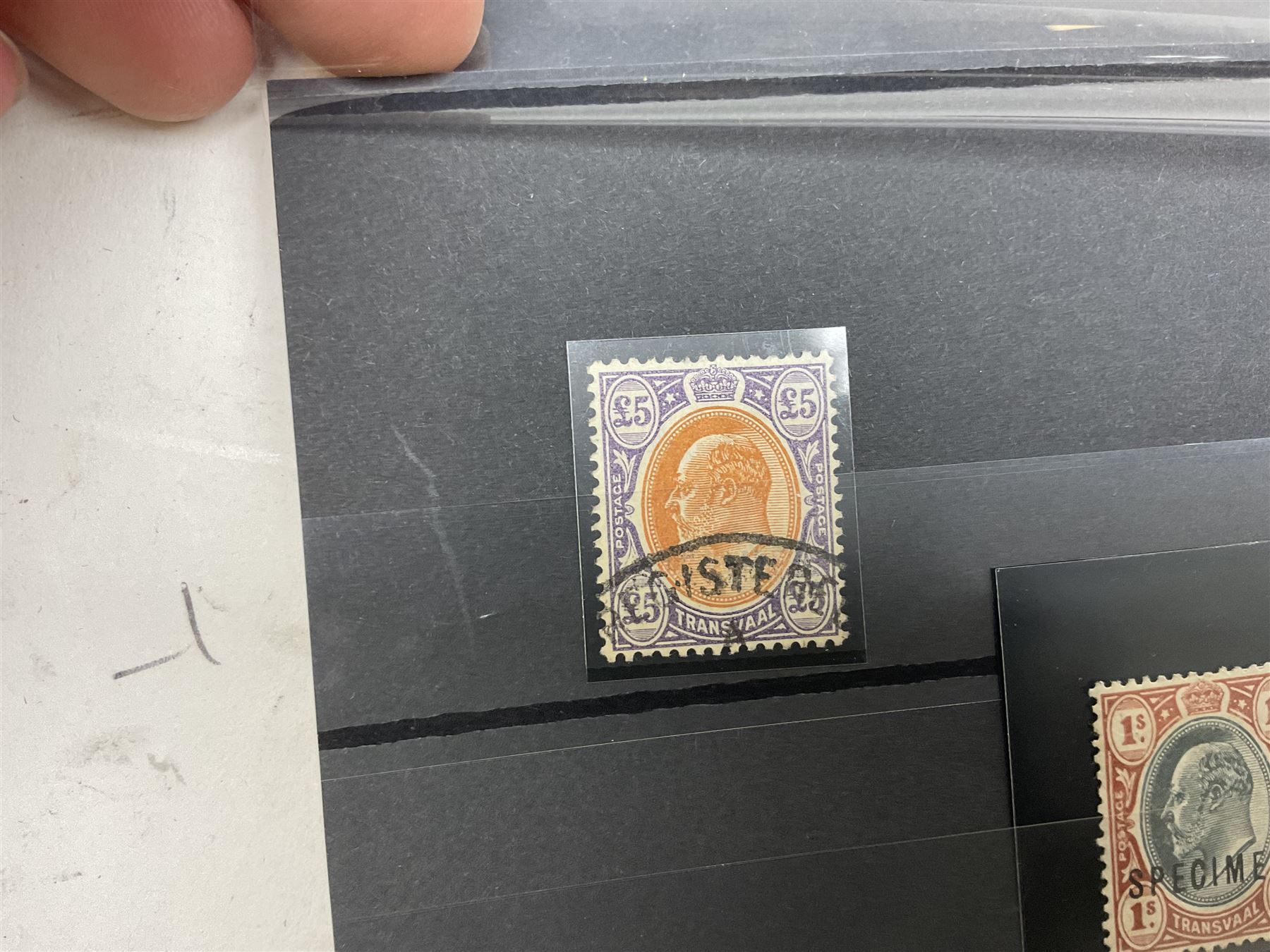 Transvaal King Edward VII 1903 five pounds with 'registered' cancel, Natal King Edward VII 1908/9 one pound, Basutoland King George V 1933 set of ten to ten shillings and other stamps with specimen overprints etc