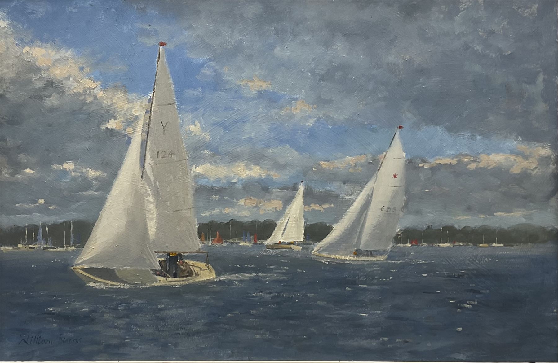 William Burns (British 1923-2010): 'A Fair Wind' Hornsea Mere, oil on board signed, titled verso 39cm x 59cm
Provenance: direct from the artist's family. Born in Sheffield in 1923, William Burns RIBA FSAI FRSA studied at the Sheffield College of Art, before the outbreak of the Second World War during which he helped illustrate the official War Diaries for the North Africa Campaign, and was elected a member of the Armed Forces Art Society. On his return to England, he studied architecture at Sheffield University and later ran his own successful practice, being a member of the Royal Institute of British Architects. However, painting had always been his self-confessed 'first love', and in the 1970s he gave up architecture to become a full-time artist, having his first one-man exhibition in 1979.