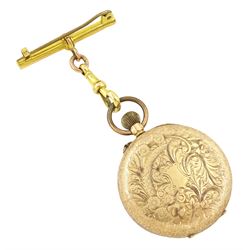 19th / early 20th century 14ct gold keyless cylinder fob watch, white dial with Roman numeral hour markers, back case with engraved foliate decoration, stamped K14 with squirrel hallmark, on gold T bar brooch