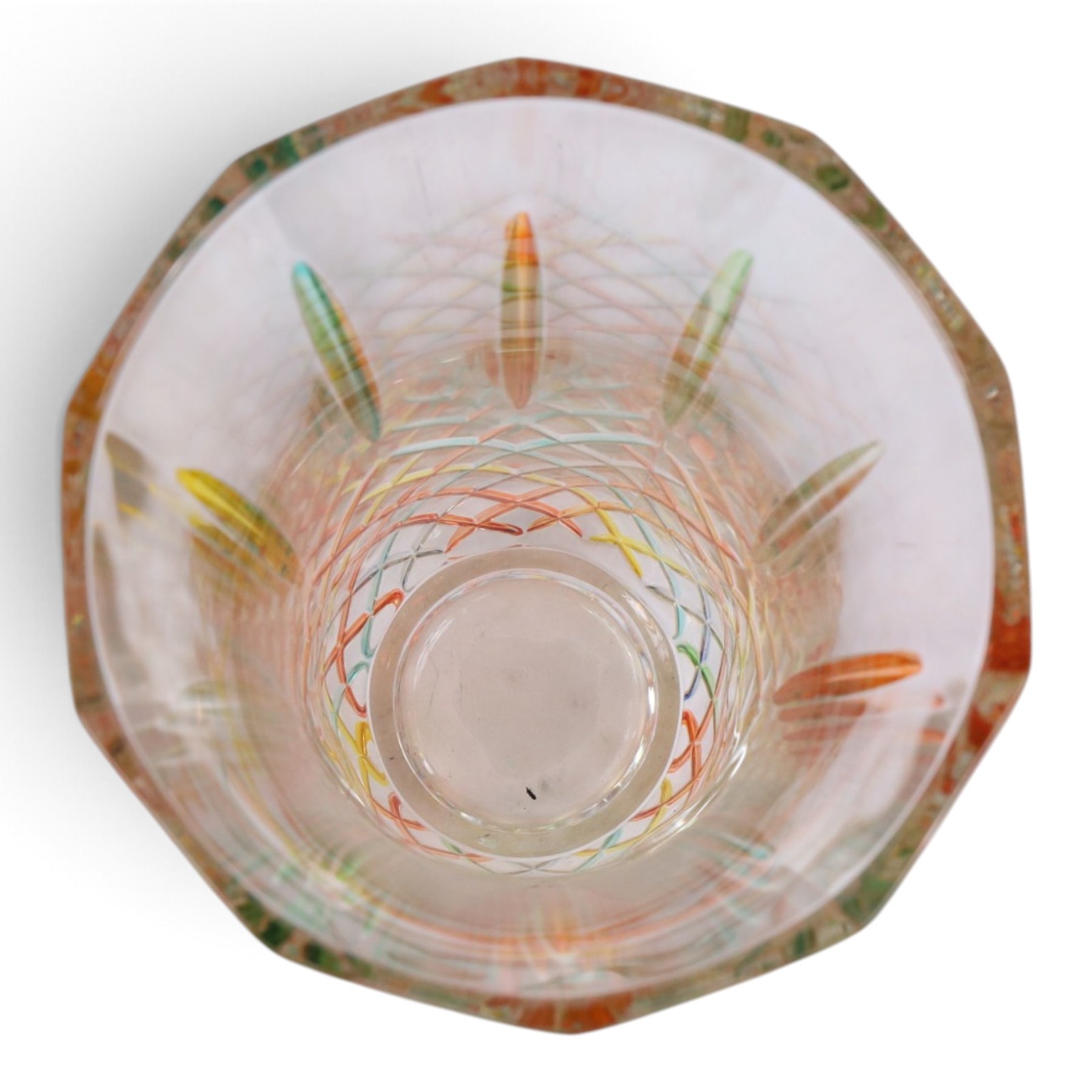 Zecchin vase, painted with reds, greens and yellows, together with a Murano vase with fluted rim, tallest H28cm