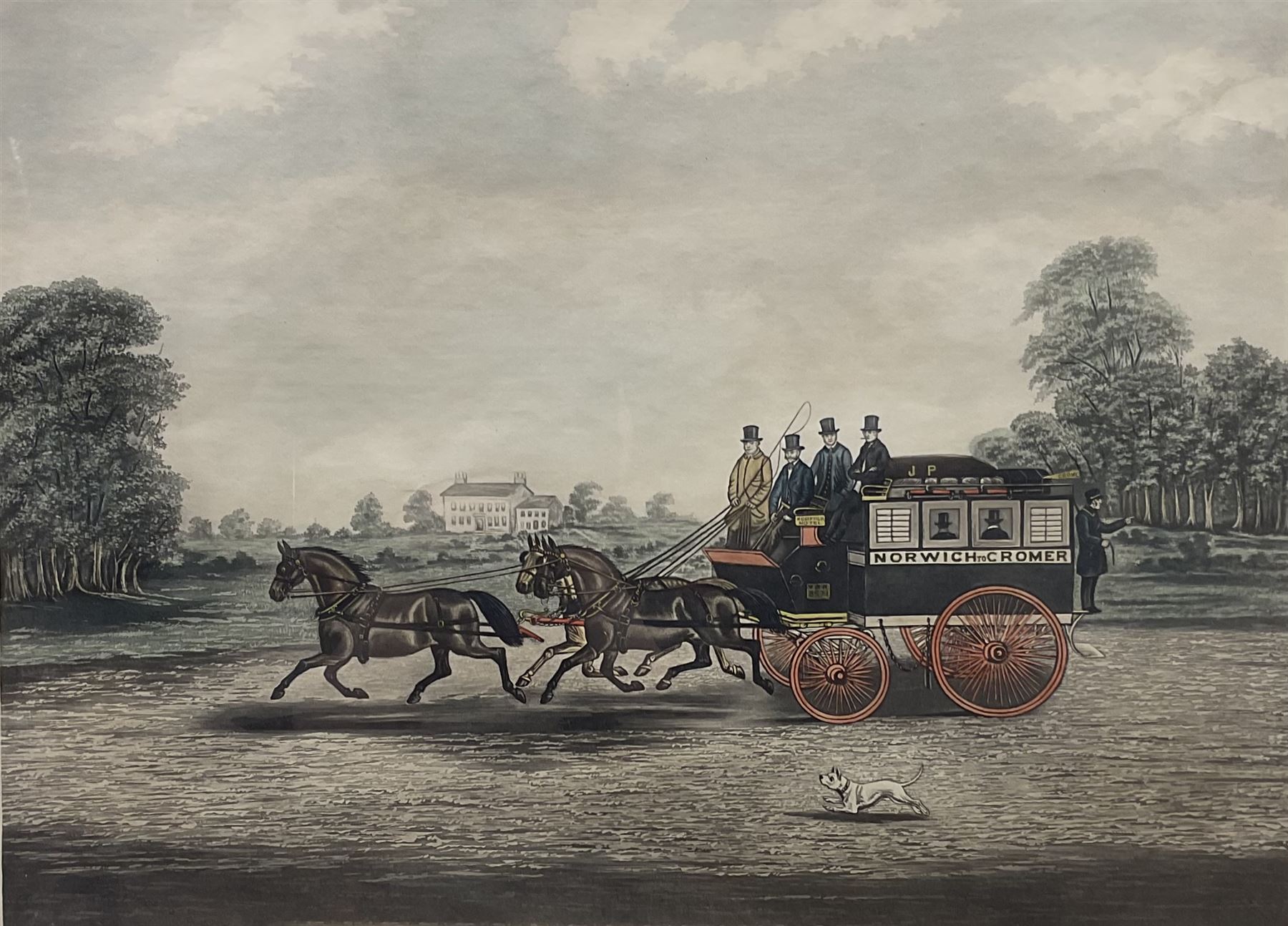 After James Pollard (British 1792-1862): 'The Taglioni Windsor Coach'; 'Royal Mail Coach'; 'The Royal Mails Preparing to Start' and 'The Unicorn Norwich Coach', set four 19th coloured engravings pub. 1824-1837 max 43cm x 59cm (4)