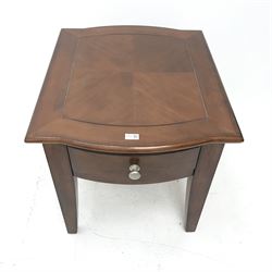 Mahogany serpentine front lamp table, single drawer, square tapering supports, W62cm, H62cm, D74cm