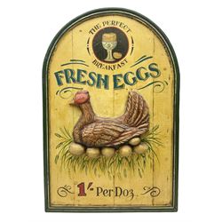 Painted wood panelled sign moulded with a hen titled Fresh Eggs in green lettering, detailed The Perfect Breakfast 1' Per Doz, in raised green frame, L92cm