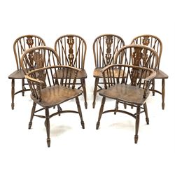 Late 20th century set six (4+2) oak Windsor dining chairs, hoop and stick back with pierced and fretwork splat, turned supports connected by crinoline stretcher