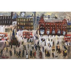 Sue Atkinson (Northern British 1949-2021): Busy London Street, oil on board signed 23cm x 34cm