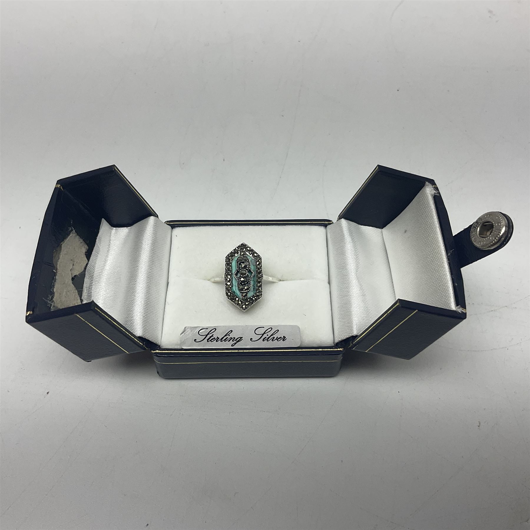 Silver turquoise and marcasite cluster ring, stamped 925, boxed 