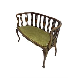 Edwardian inlaid mahogany salon settee or bench, the pierced and inlaid splat back over serpentine front, seat upholstered in laurel green velvet, raised on cabriole supports with satinwood stringing