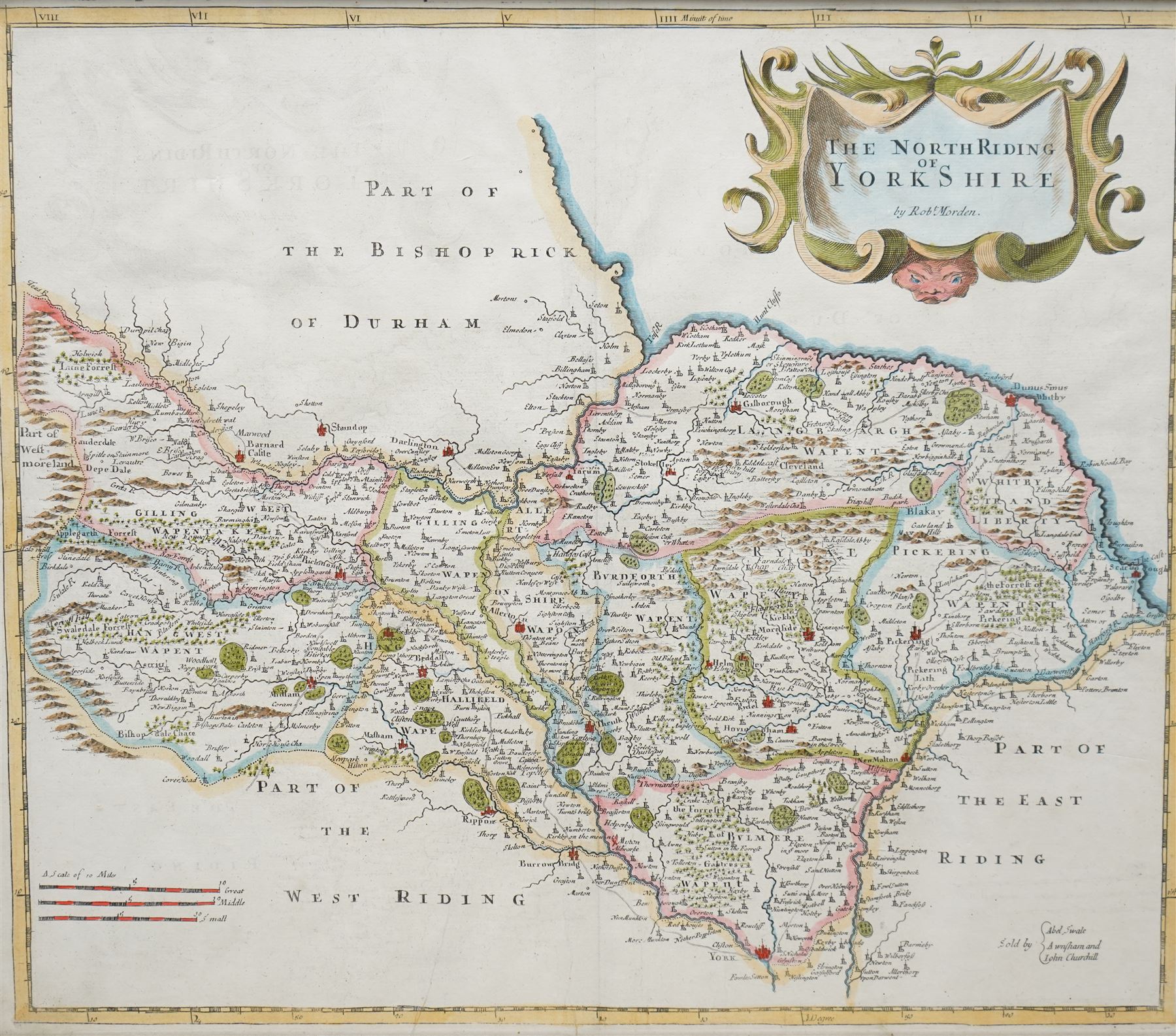 Robert Morden (British c.1650-1703): 'The North Riding of Yorkshire', 17th/18th century engraved map with hand-colouring 38cm x 43cm