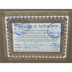 Kenneth W Burton (British 1946-): 'Alnwick Castle - Northumberland' and 'Winchester Cathedral', pair watercolours from the 'Counties of Britain' series signed, titled verso 14cm x 21cm (2)