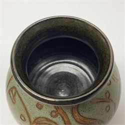 John Egerton (c1945-): studio pottery stoneware vase, decorated with fish upon a mottled blue ground, together with a wall planter decorated with fish, both signed, vase H15cm  