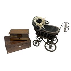 Wooden keepsake box with two swallows on lid, with two pull-out compartments inside and hinged lid, H9cm, together with wooden box with mother of pearl inlay H10cm and small toy pram H34cm. 