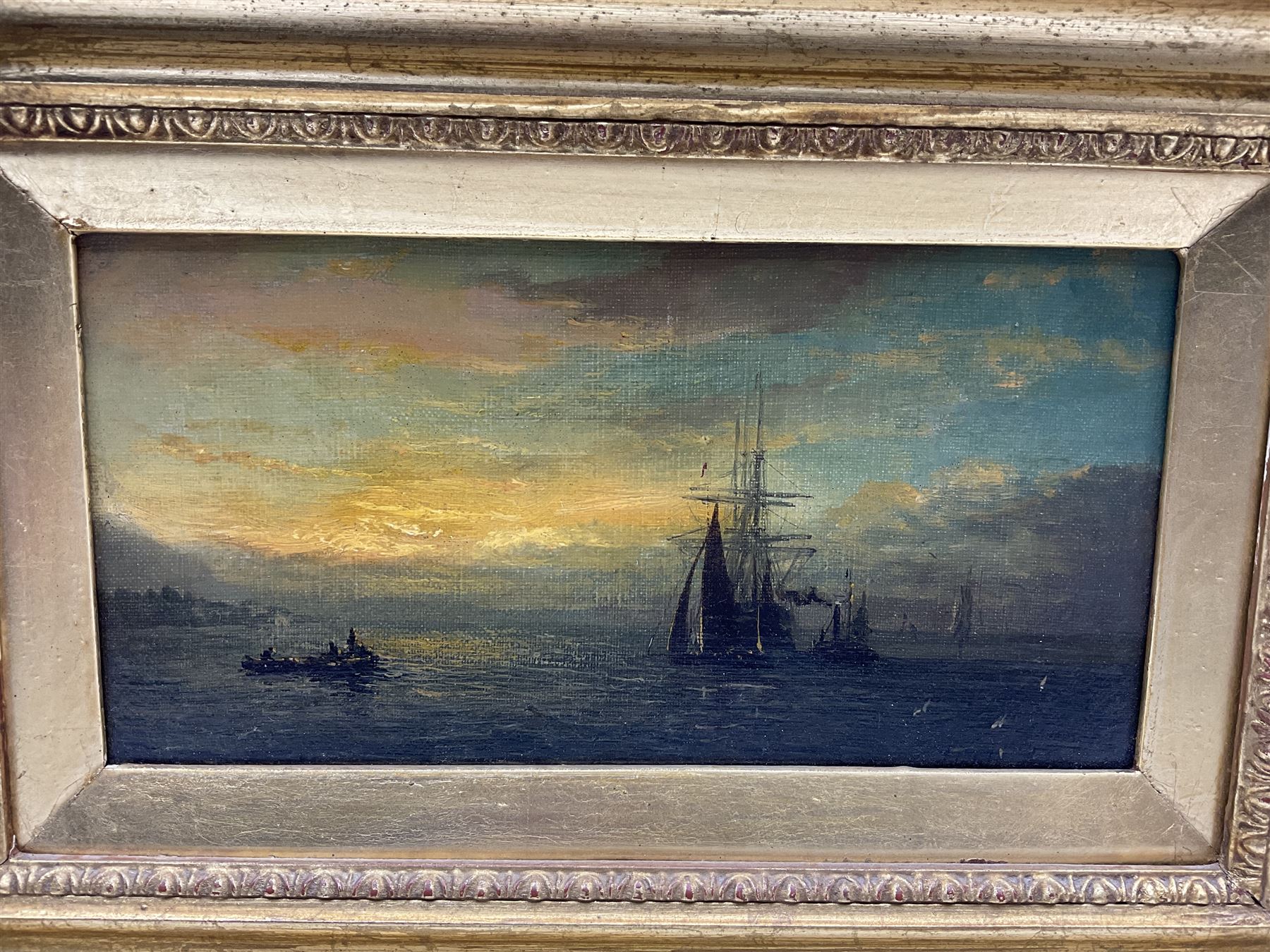 William Adolphus Knell (British 1801-1875): Shipping at Sunrise and Sunset, pair oils on canvas signed 13cm x 26cm (2)