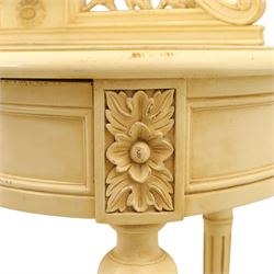 French Louis XV design cream painted dressing table and matching stool, kidney shaped top, with tilting oval mirror, carved uprights raised on fluted and turned supports 