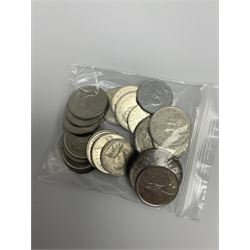 Mostly Canadian coins including 1967 six coin set, various Canadian 50 cent coins, various nickels, Royal Canadian Mint 1990 specimen coin set in blue folder with outer sleeve, various Canadian dollars etc, in folders and loose