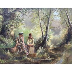 Paul J Attfield (British 1950-): Girls Painting by a Woodland Stream, oil on board signed ...