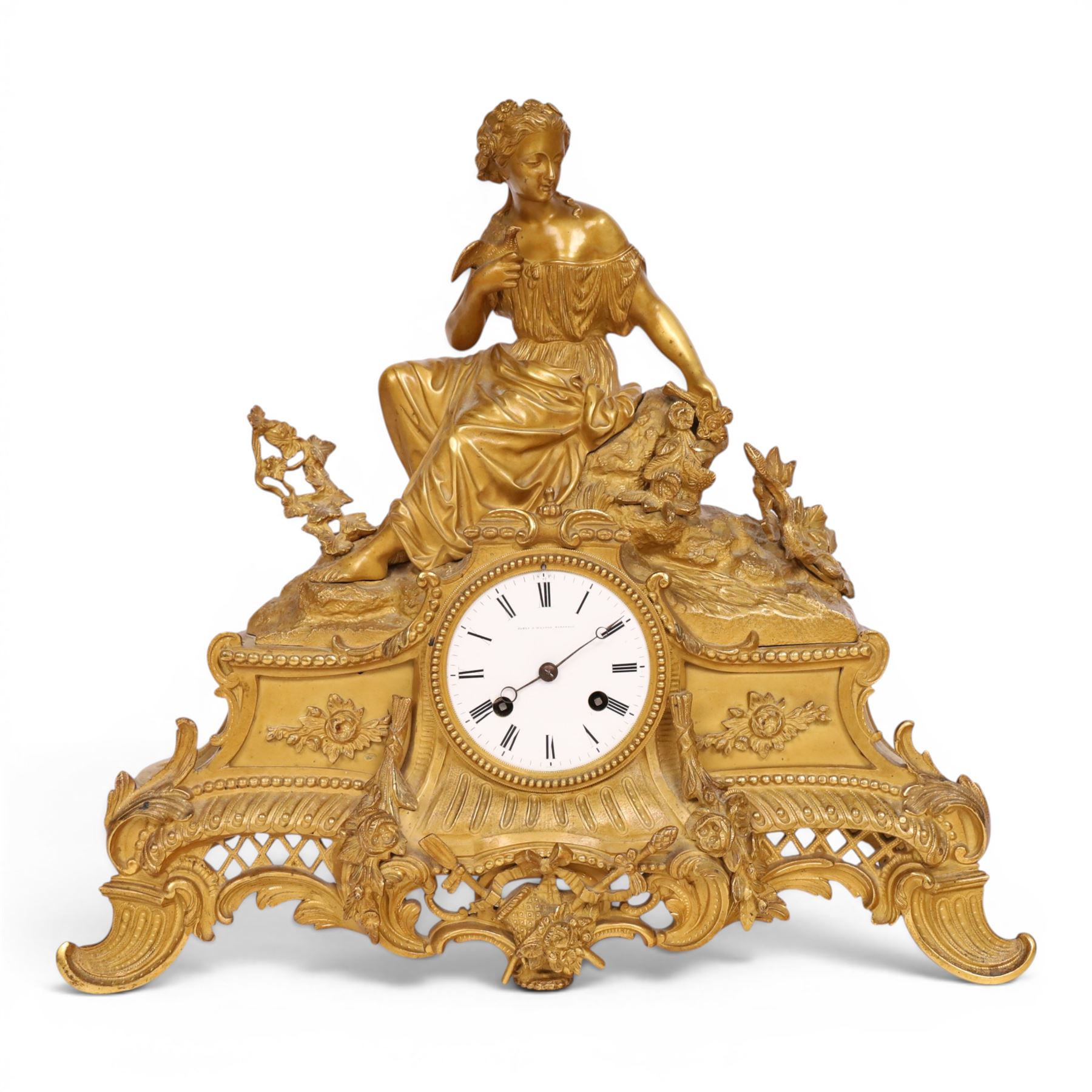 19th century French ormolu mantel clock, retailed by J & W Marshall, Paris, surmounted with a figure of in neo classical dress, with enamelled Roman dial marked James & Walter Marshall, H39cm 