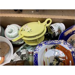 Four glass snuff bottles, together with assorted ceramics, including Carlton Ware cruet set,  in the form of a lady wearing a crinoline dress, Adams Calyx ware Singapore bird covered sucrier, etc  