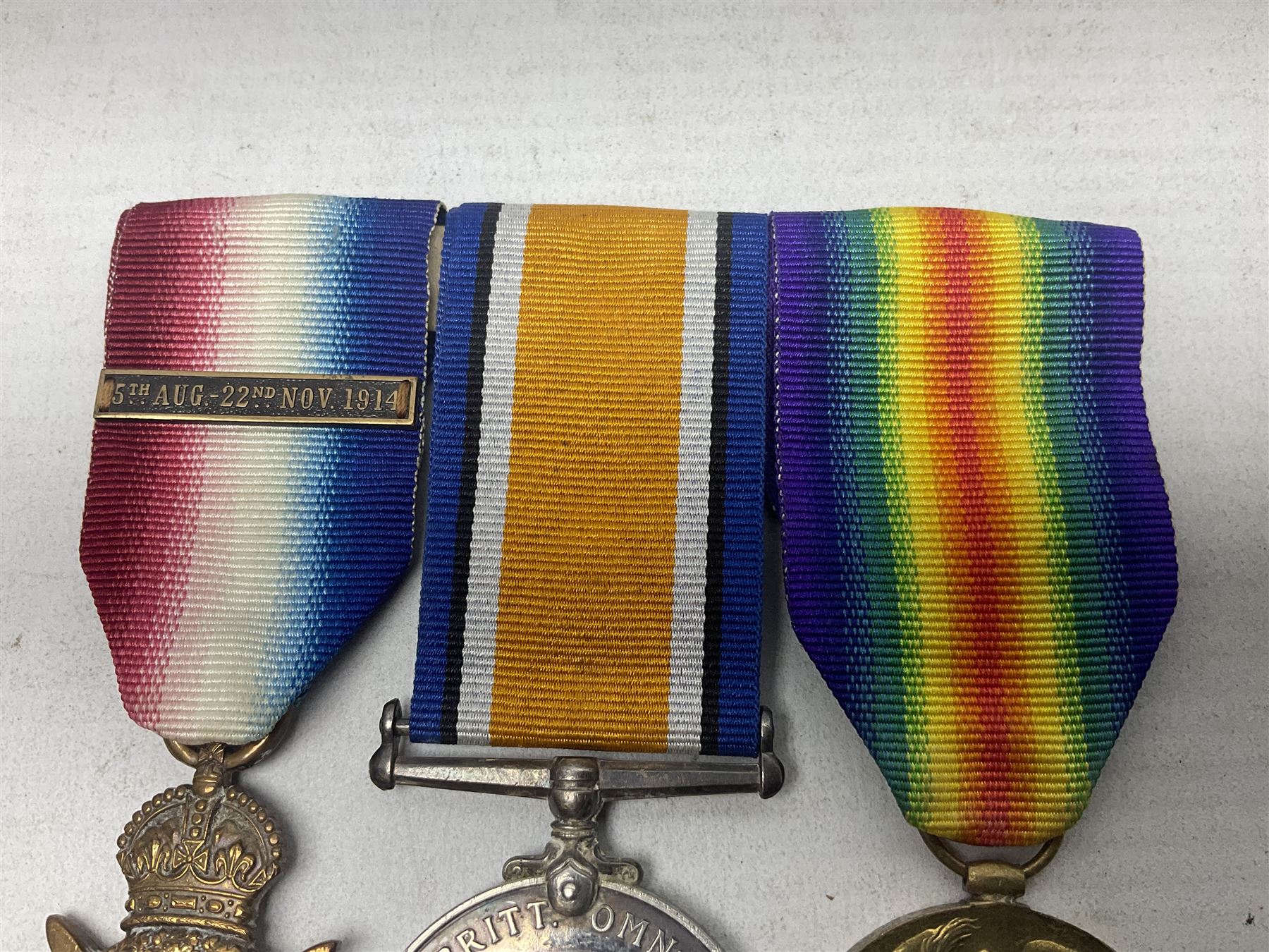 WW1 1914 “Mons Bar” medal trio comprising British War Medal, 1914 star with copy '5th Aug – 22nd Nov 1914' bar and Victory Medal awarded to M1-5988 Pte. A.H. Bottrill A.S.C.; with ribbons