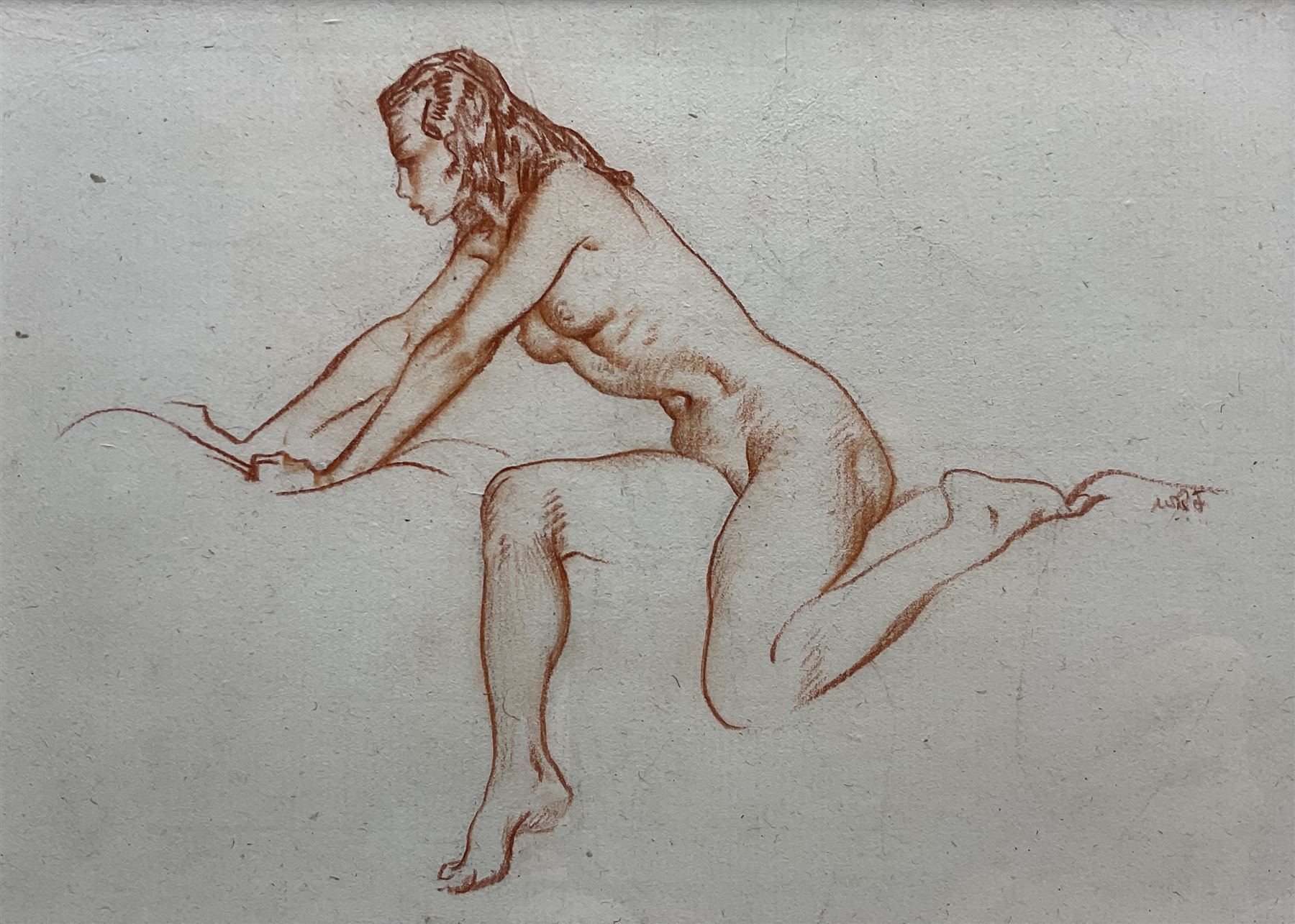 Sir William Russell Flint (Scottish 1880-1969): Nude Stretching, sanguine chalk signed with initials 19cm x 27cm 
Provenance: private collection; with James Alder Fine Art, Hexham