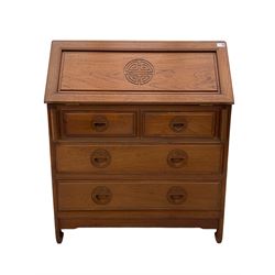 Oriental hardwood bureau, fall front above two short and two long drawers