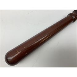 Three police turned hardwood truncheons comprising two patrol truncheons and WPC short truncheon (3)