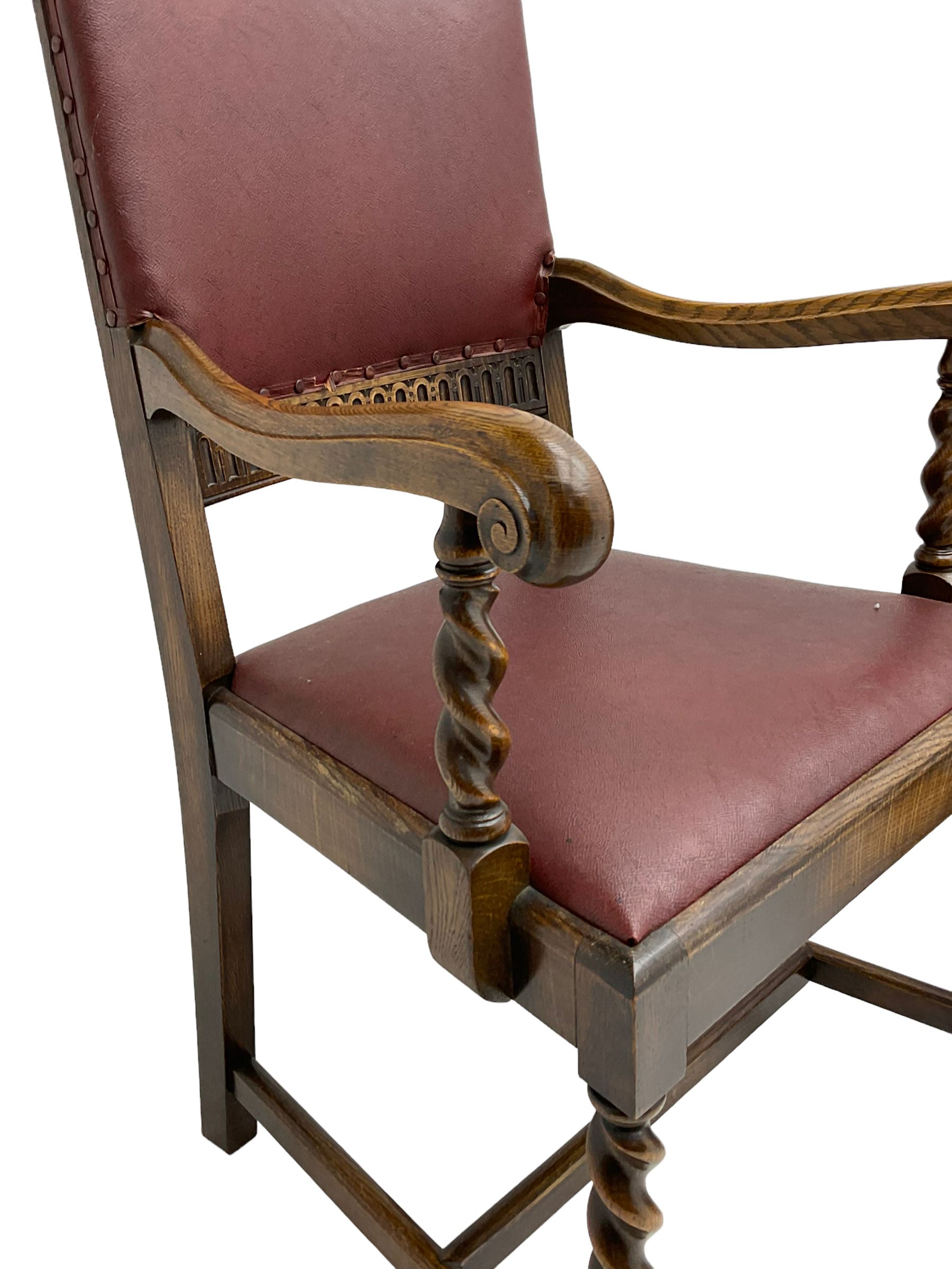 Mid-20th century set seven (6+1) oak barley twist dining chairs, upholstered back and drop in seat, on spiral turned front supports joined by H-shaped stretchers