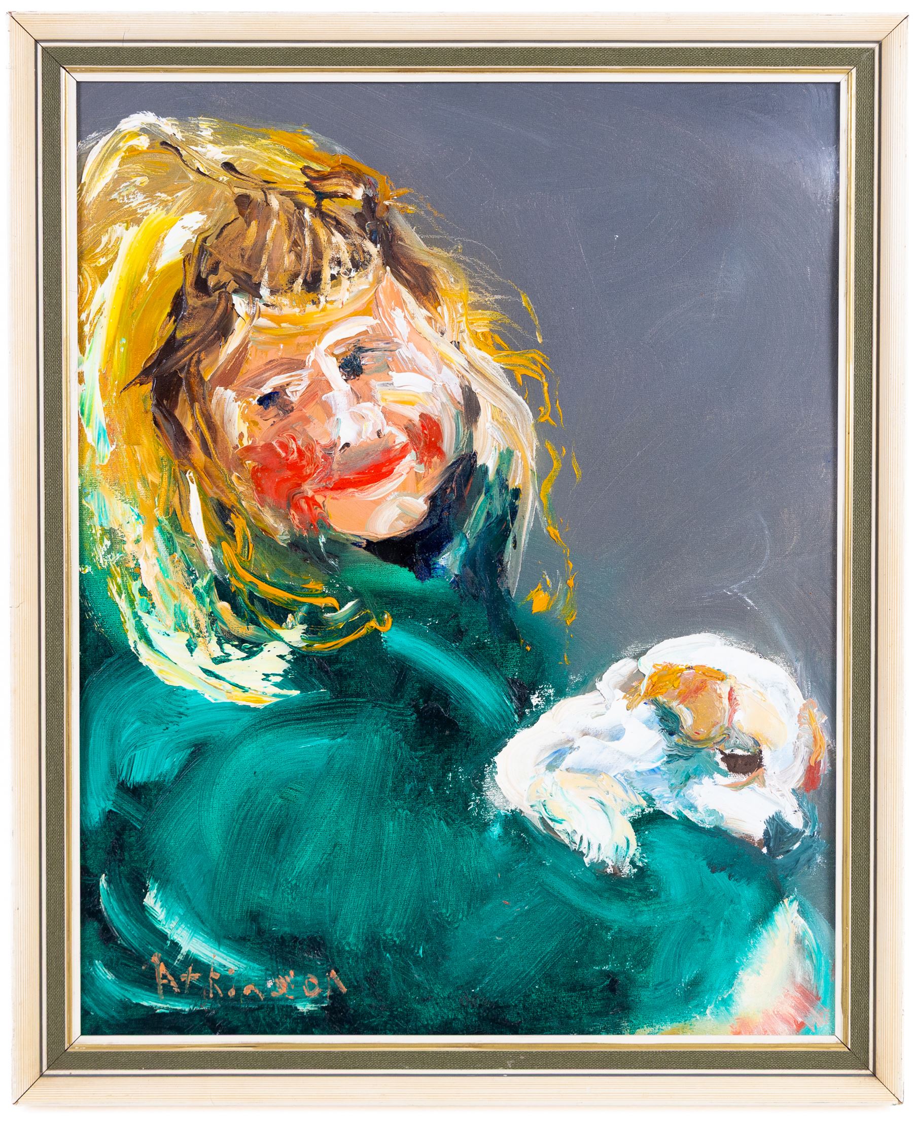 Sue Atkinson (British 1949-): Portrait of a Girl and Dog, oil on board signed 50cm x 39cm 