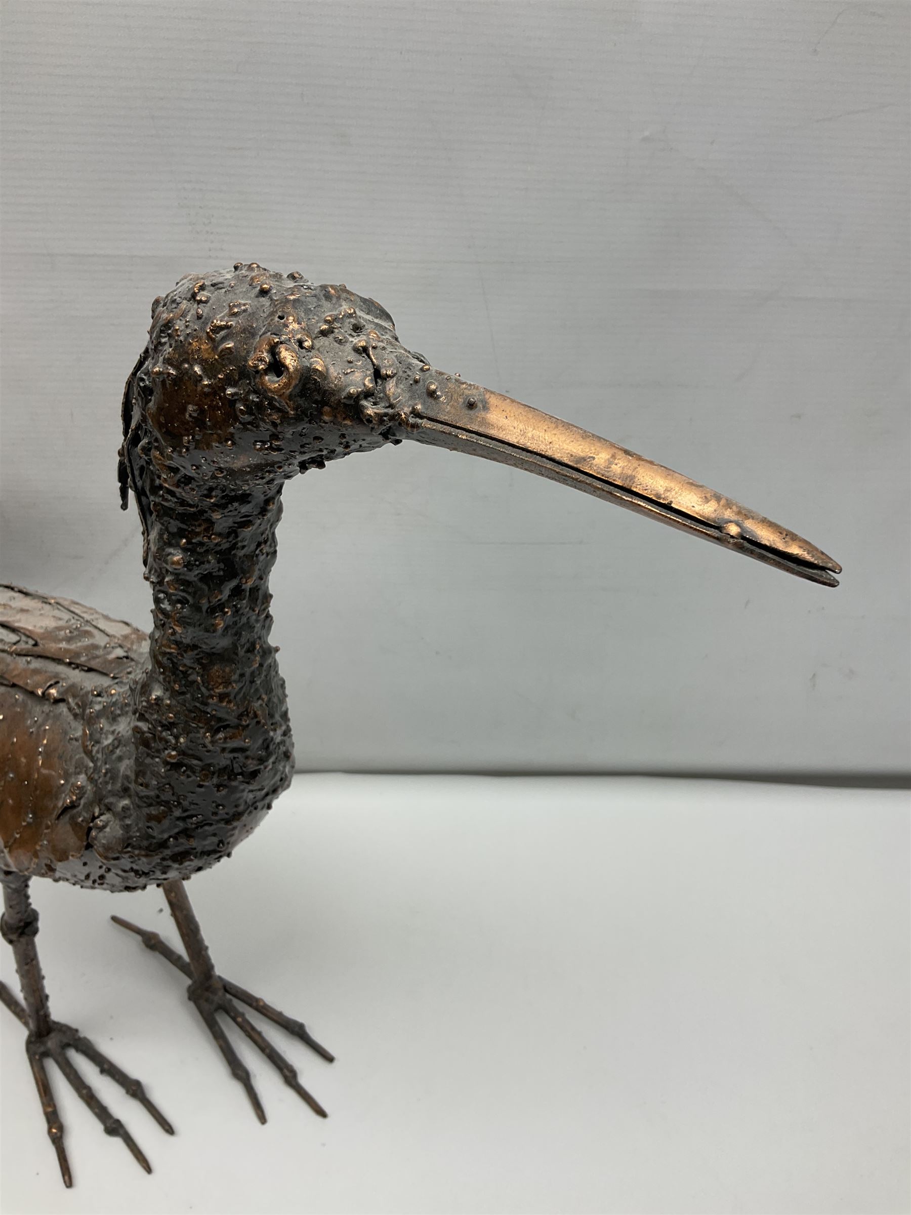 Three metalwork figures of bird, to include owl, a heron etc, largest H45cm