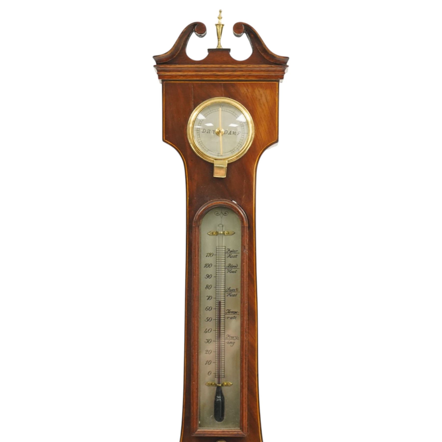 Late 18th century mahogany wheel barometer, swan neck pediment over silvered hygrometer dial and convex mirror, the large silvered register signed by York maker, with spirit level below, the case with boxwood stringing and brass bezels