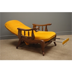  Early 20th century oak reclining armchair, upholstered in mustard velvet, raising arm rests, extending leg rest, shaped rails, cabriole legs, W73cm  