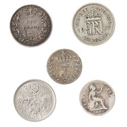 Two Queen Victoria silver one crown coins, 1889 and 1890, George III 1817 silver half crown, King George V 1935 silver half crown, and seven further coins
