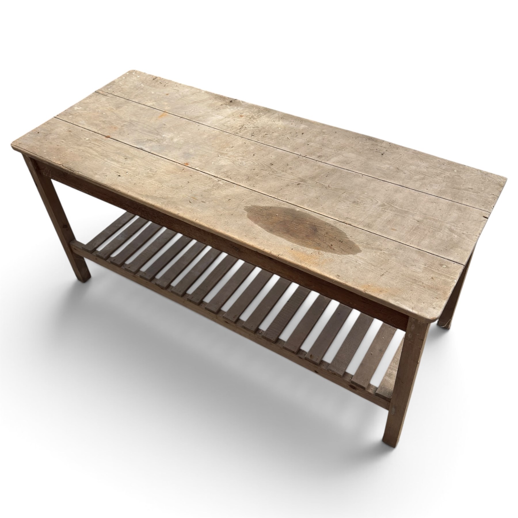 Large 19th century painted pitch pine scullery table, rectangular triple plank top fitted with single drawer, raised on square supports united by slatted under-tier