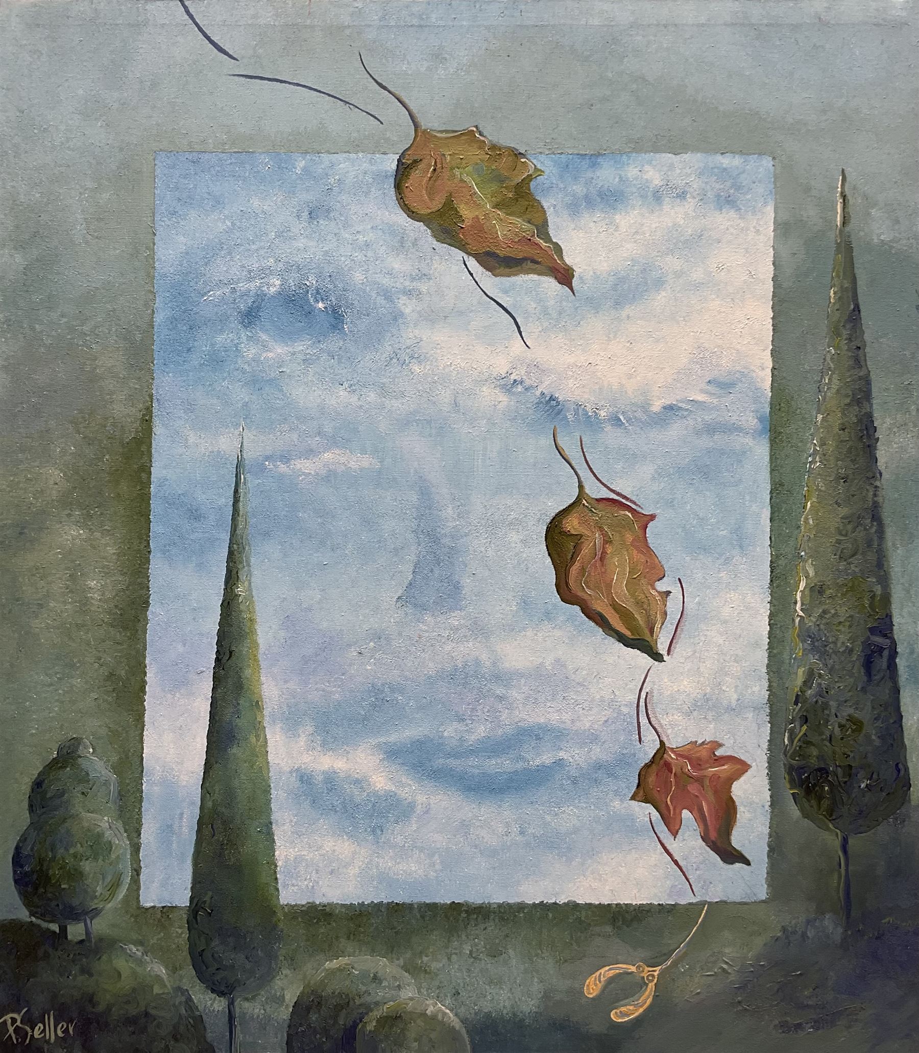 Paula Seller (Northern British Contemporary): Surrealist Sky with Leaves, oil on canvas signed 69cm x 61cm