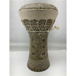 Egyptian tabla drum, the clay body with Moorish mosaic style all over mother-of-pearl and bone inlay, and fitted with animal skin head; bears script label H41cm; in original carrying case with script plaque