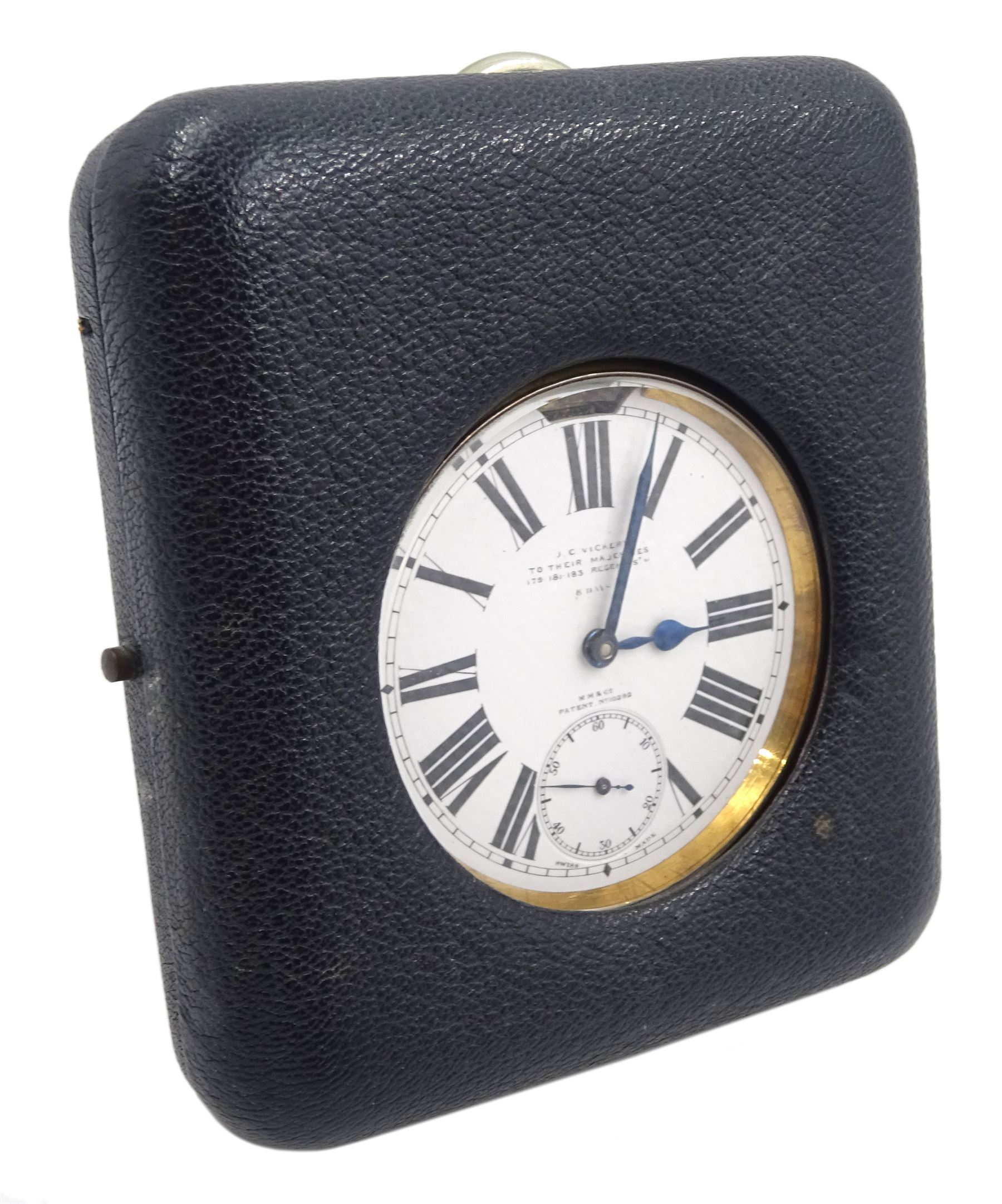 Early 20th century goliath keyless Swiss lever pocket watch by M M & Co, patent No. 10292, retailed by J. C. Vickery 'To Their Majesties 179-181-183 Regent Street', with light attachment, white enamel dial with Arabic numerals and subsidiary seconds dial, case No. 3499292, in fitted case
