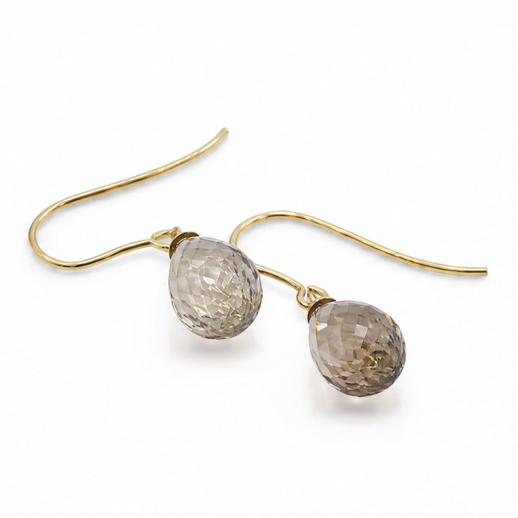 Pair of 9ct gold smokey quartz pendant earrings, each stud set with a single briolette cut quartz, stamped 375