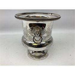 Silver plated Barker Ellis wine cooler of campagna form, the body of part fluted form with twin lion mask modelled handles, upon a circular foot, impressed mark beneath, H22.5cm 