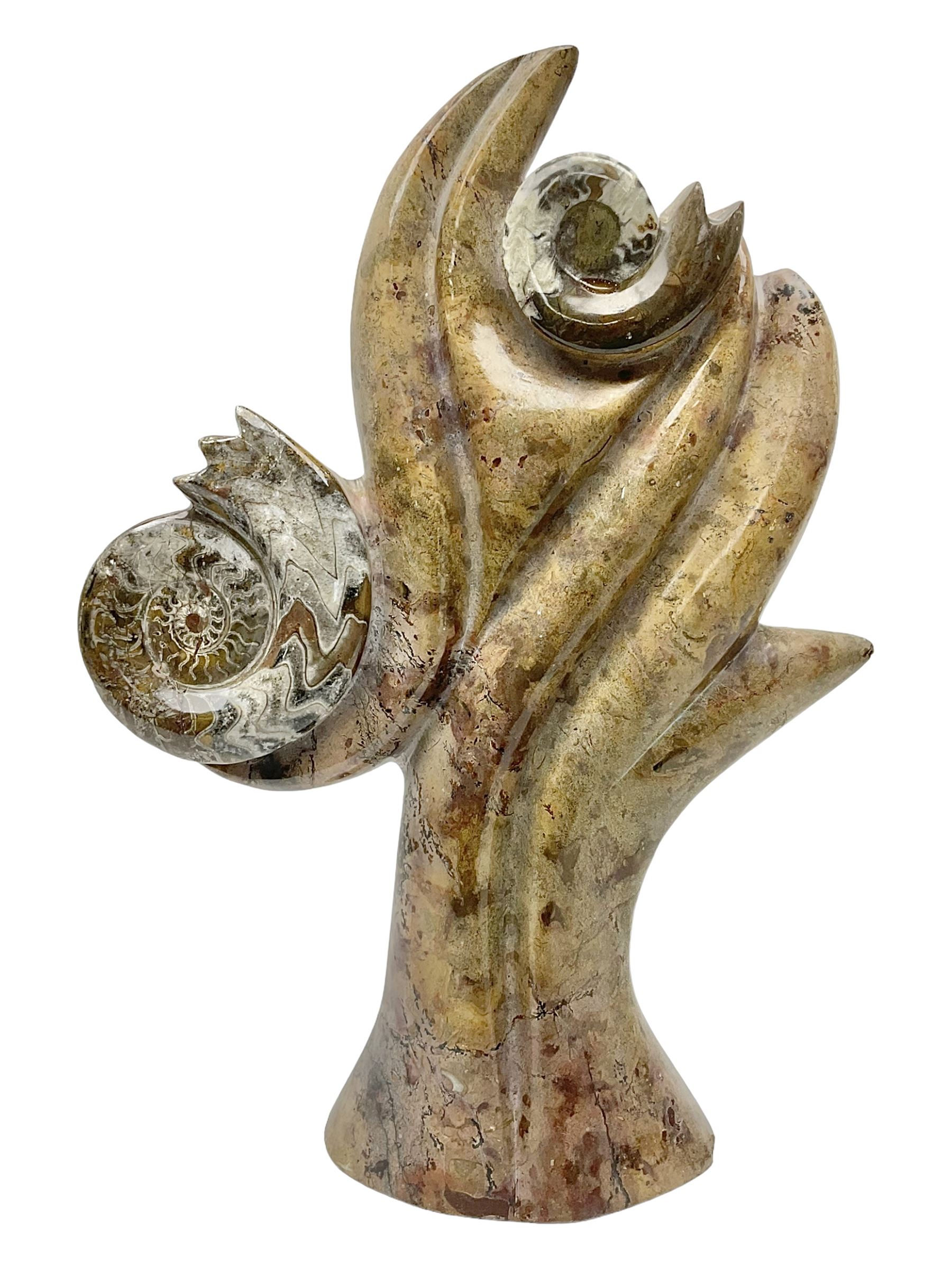 Goniatite sculpture, displaying two Goniatites within a polished and shaped matrix, age; Devonian period, H56cm