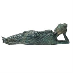 Late 20th century bronzed figure of a reclining buddha L64cm