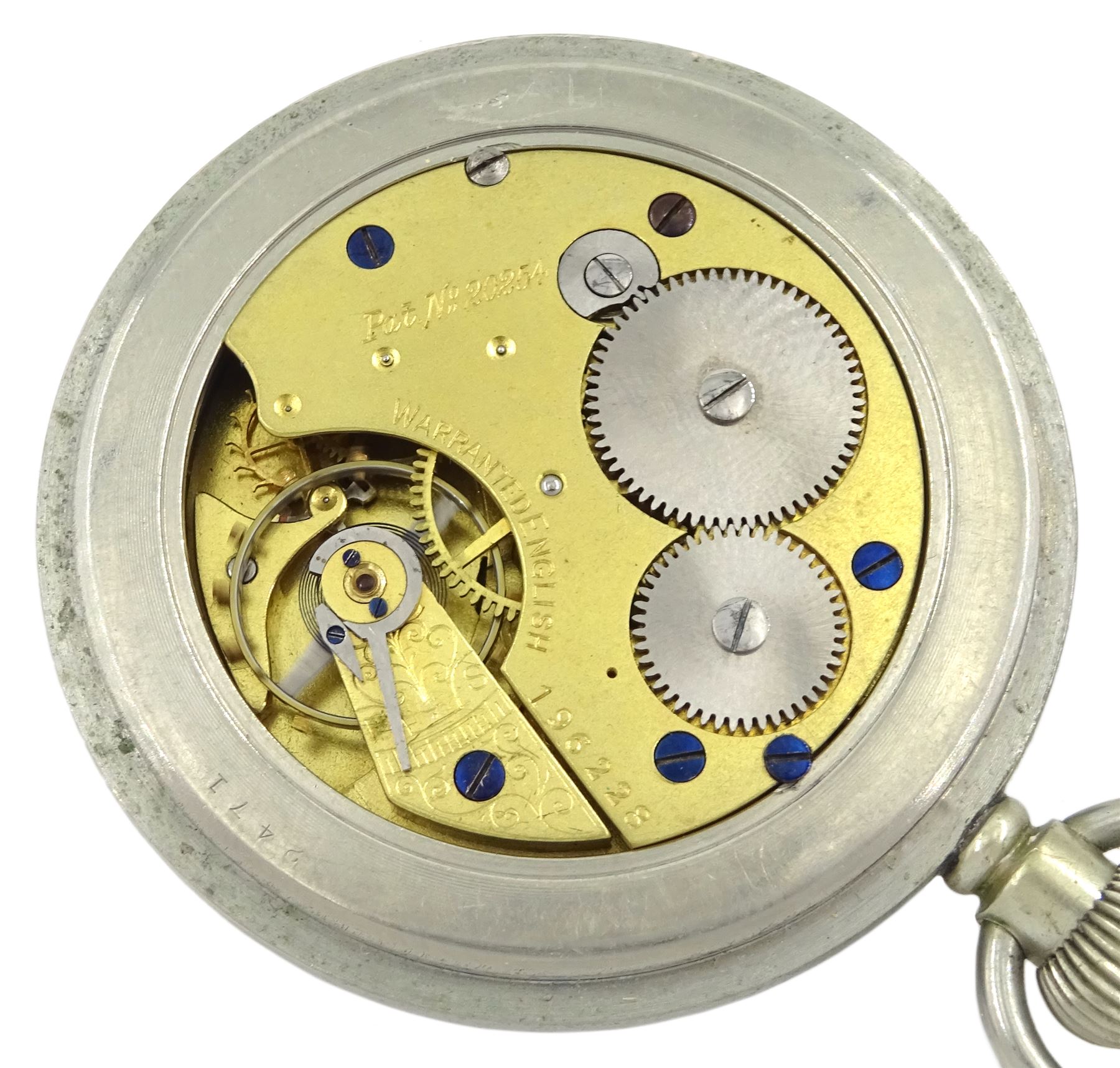 WWI British Military nickle open face keyless lever pocket watch by H. Williamson, London, No. 196228, black dial with subsidereary seconds dial, screw back case by Dennison, engraved broad arrow and 23654F