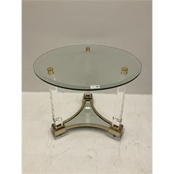 Classical style glass and brass circular coffee table, trefoil polished brass mirror base topped by glass obelisk legs