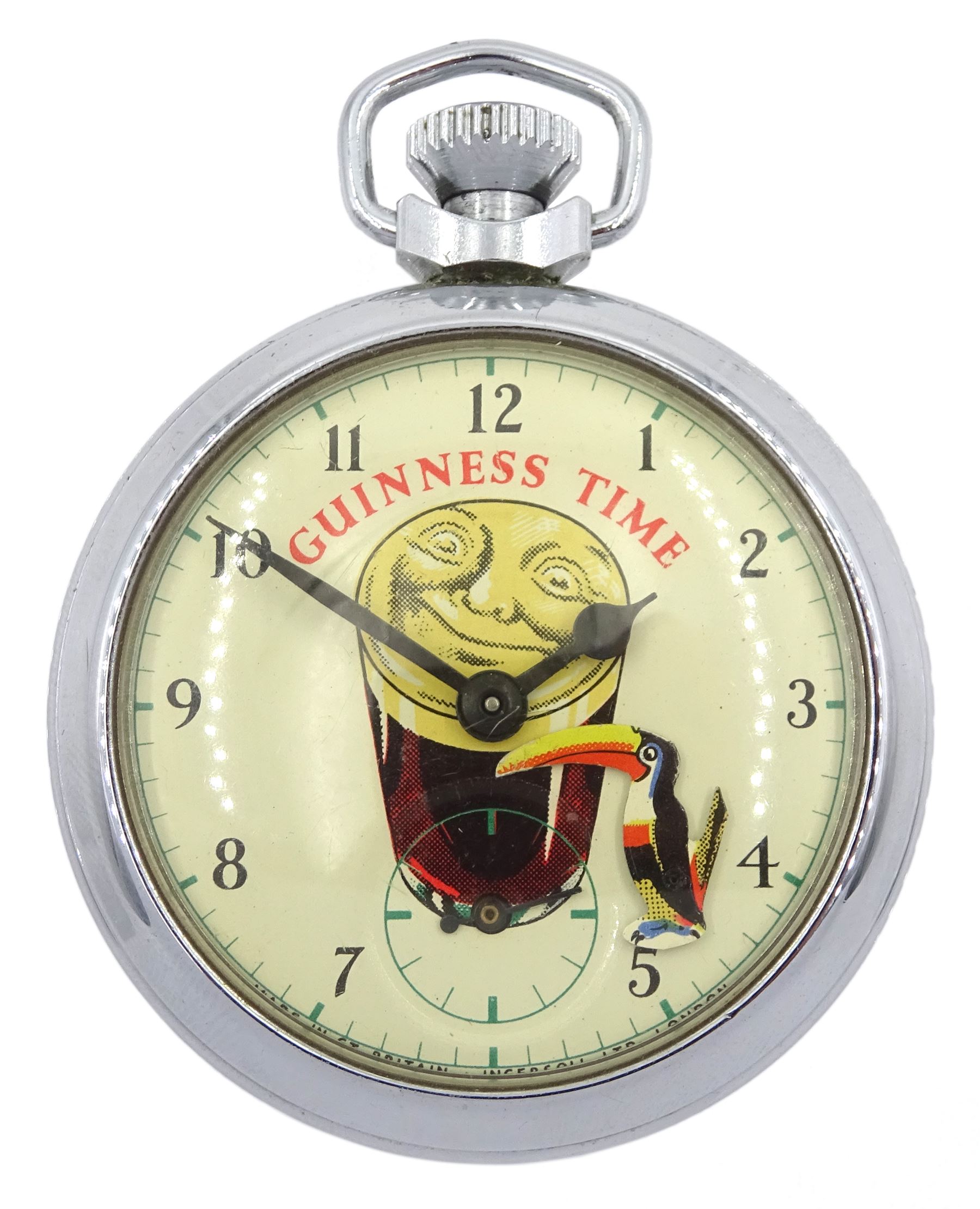 'Guinness Time' chrome pocket watch, subsidiary seconds and automaton