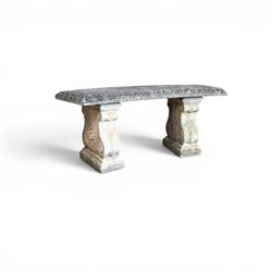 Cast stone three piece garden bench, curved form with detailed top