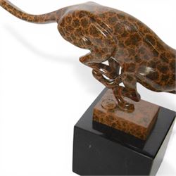 Sprinting Cheetah, bronze two toned figure of running cheetah, upon a rectangular marble base, signed milo and with foundry mark, H20cm