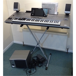  Yamaha Tyros 5-61 Digital Workstation Keyboard with pair of top mounting speakers and optional TRS-MS05 speaker, various foot pedals, folding portable stand and pack of associated paperwork L113cm  