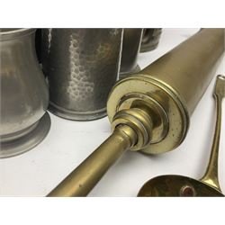Victorian brass veterinary syringe, with wooden handle, inscribed 'to be returned to J.Cooke FRCV Scarboro' together with a brass jam pan, coal scuttle and spoon and four pewter tankards