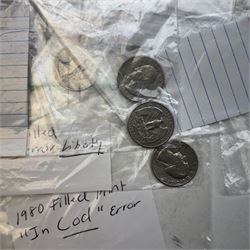 Collection of United States of America coins, 1965 onwards, principally quarter dollars, many with alleged minting errors as annotated on labels
