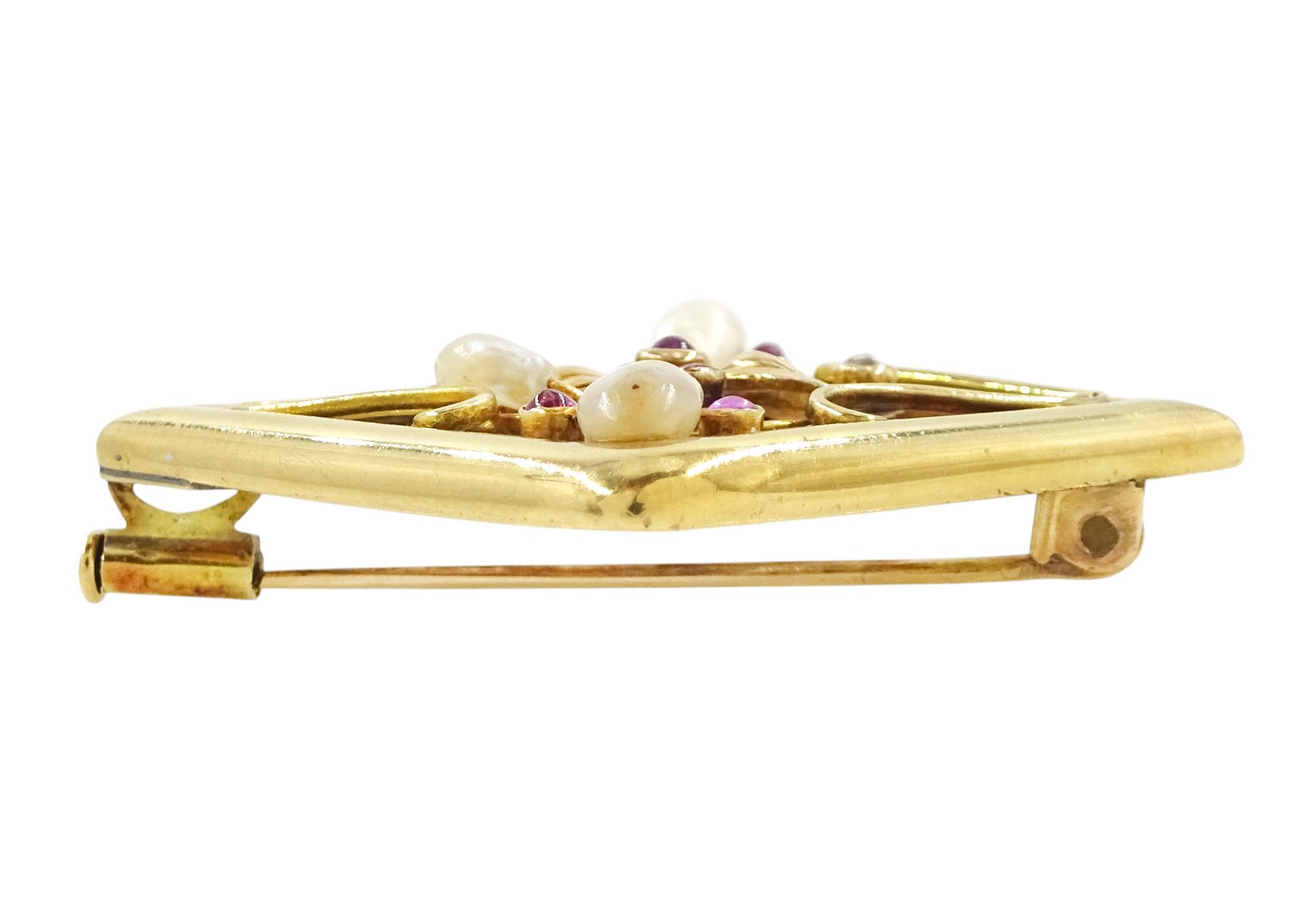 French early 20th century 18ct gold ruby, pearl and diamond square brooch, open work set with six cabochon cut rubies, two rose cut diamonds and four blister pearls, Eagle hallmark
